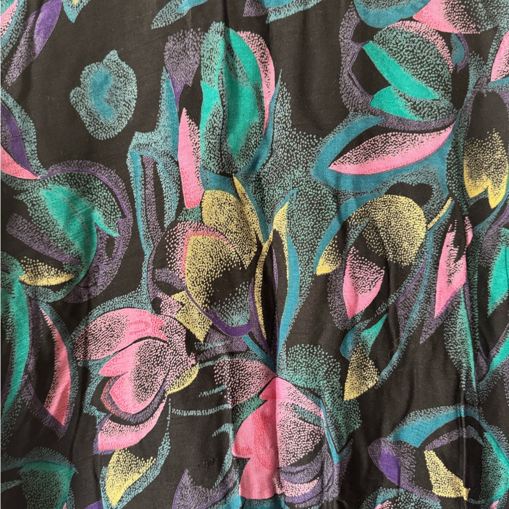 Vintage 80s Black Pink Teal Floral Oversized Kimono Jacket Blazer Artsy Boho L - Picture 8 of 9